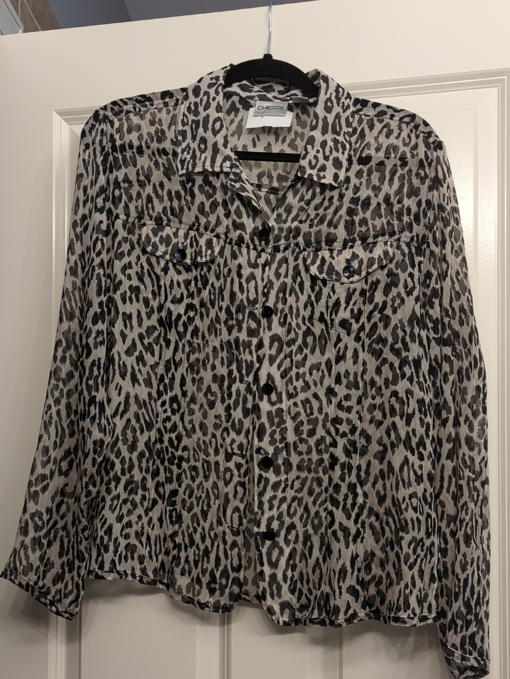 Chico's Black and Gray Leopard Print Button-Up Shirt